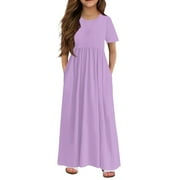 Girls Summer Dress Size 7-8 Casual Solid Color Short Sleeve Girls Long Dresses Cute Crew Neck Sundresses Flare Swing Dresses with Pocketss 5-6 Years,Light Purple